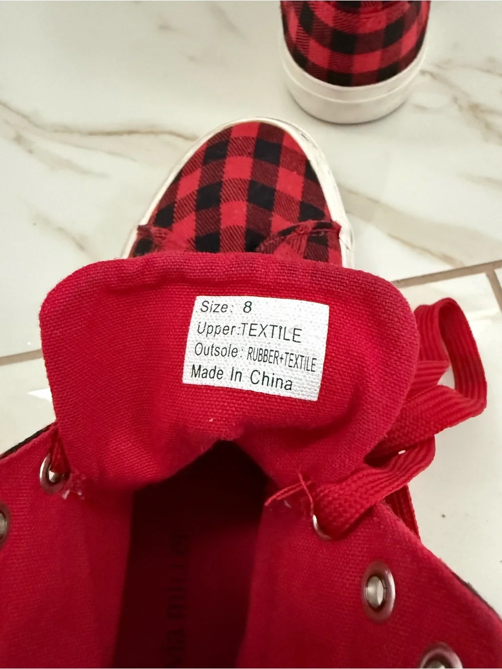 Olivia Miller Women’s Size 8 Red and Black Buffalo Plaid High-Top Sneakers